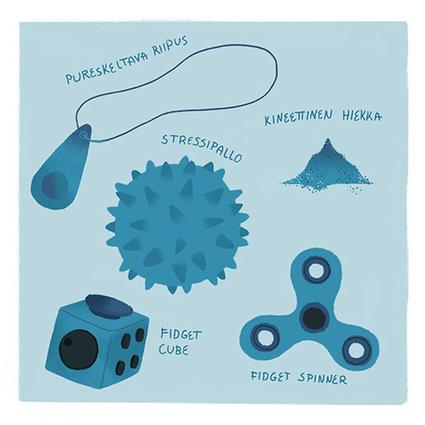Piirrettynä esimerkkejä aistileluista: pureskeltava riipus, kineettinen hiekka, stressipallo, fidget cube ja fidget spinner.