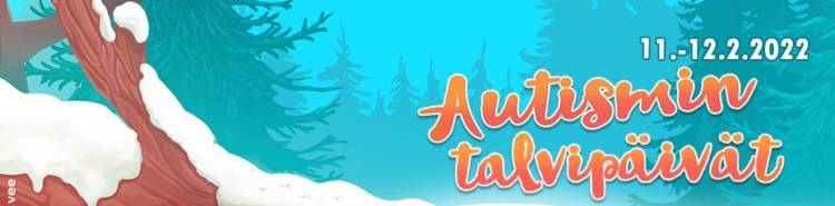Autismin talvipäivien banneri. Talvimaisema. Edessä luminen puunrunko. Taustalla vihreää kuusimetsikköä ja sininen taivas.