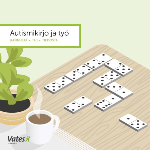 Oppaan kansikuvassa on domino-peli, höyryävä kahvikuppi ja huonekasvi.