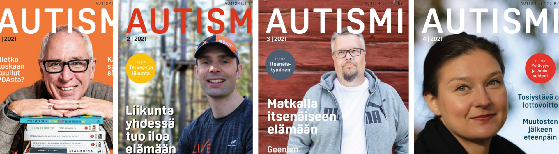 Kuvassa useita eri Autismi-lehtien kansia