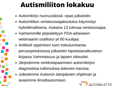 Nostoja Autismiliiton toiminnasta lokakuulta 2021.