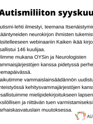 Nostoja Autismiliiton toiminnasta syyskuulta 2021.