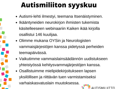 Nostoja Autismiliiton toiminnasta syyskuulta 2021.