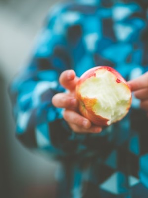 Lapsi pitää kädessään omenaa, josta on haukattu palasia.