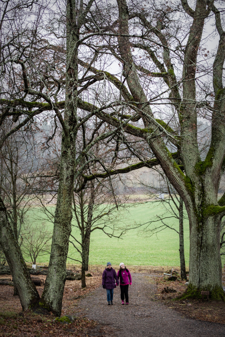 Heidi ja Jenna Tiirikainen kävelevät polulla, jonka vieressä on isoja puita.