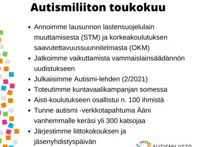 Nostoja Autismiliiton toiminnasta toukokuulta 2021.