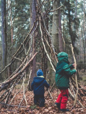 Kaksi lasta rakentaa risumajaa metsässä.