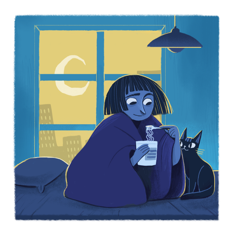 Pimeässä huoneessa peittoon kääriytynyt henkilö syö kuppinuudeleita kissa vierellään. Ikkunasta paistaa kuu.