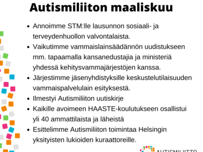 Autismiliiton kuukauden nostoja maaliskuulta 2022, kuvan tekstisisältö avattu leipätekstissä.
