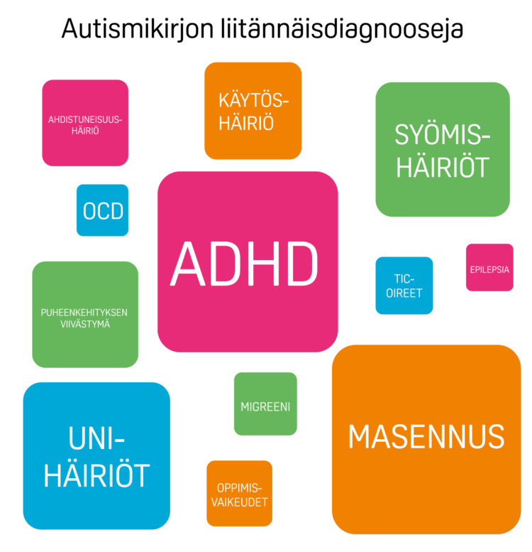 Autismikirjon liitännäisdiagnooseja. ADHD, masennus, unihäiriöt, syömishäiriöt, puheenkehityksen viivästymä, käytöshäiriö, oppimisvaikeudet, migreeni, ocd eli pakko-oireinen häiriö, toc-oireet, epilepsia.