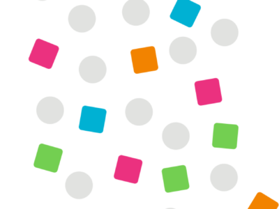 Värikkäistä neliöistä ja palloista koostuva visuaalinen elementti.