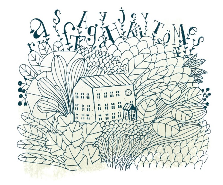 Piirroskuvassa koulurakennus, kasveja ja kirjaimia.