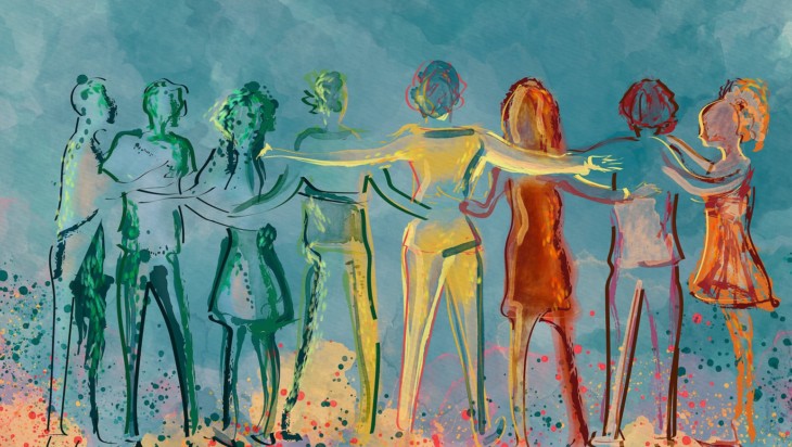 Vesivärimaalaus, joka esittää erilaisia ihmisiä pitämässä toisistaan kiinni.