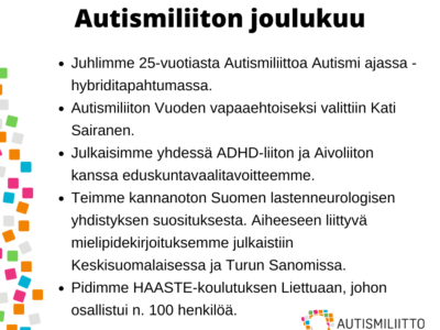 Autismiliiton toiminnan nostot joulukuulta 2022. Kuvan tekstimuotoinen sisältö kirjoitettu auki artikkelissa.