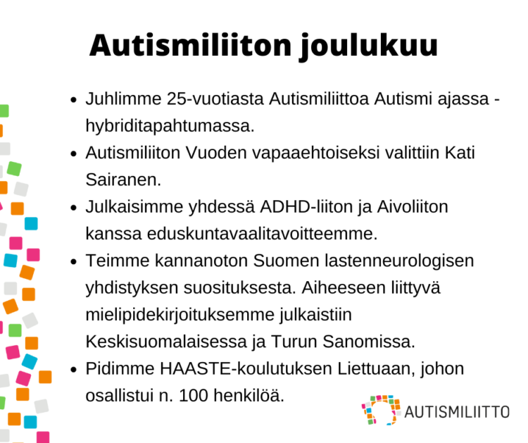 Autismiliiton toiminnan nostot joulukuulta 2022. Kuvan tekstimuotoinen sisältö kirjoitettu auki artikkelissa.