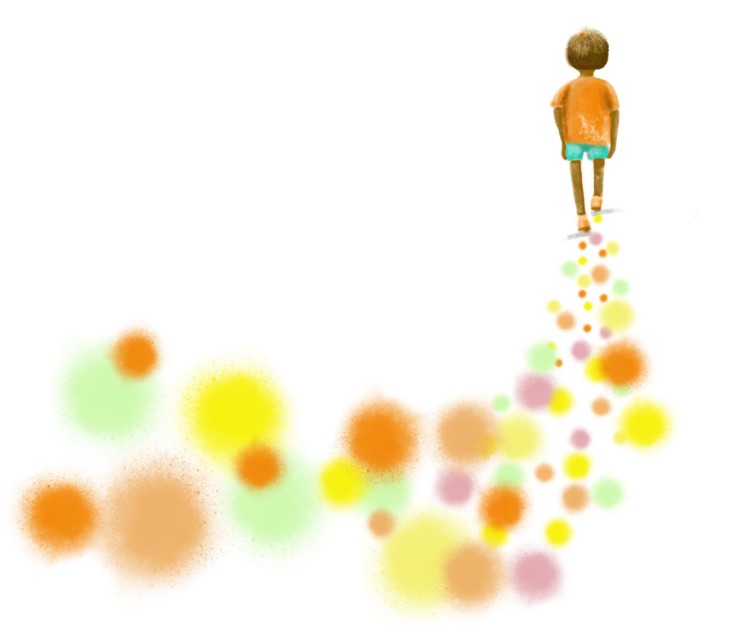 Piirretty kuva. Keltasävyisistä palloista muodostuu polku, jota pitkin kävelee lapsen hahmo