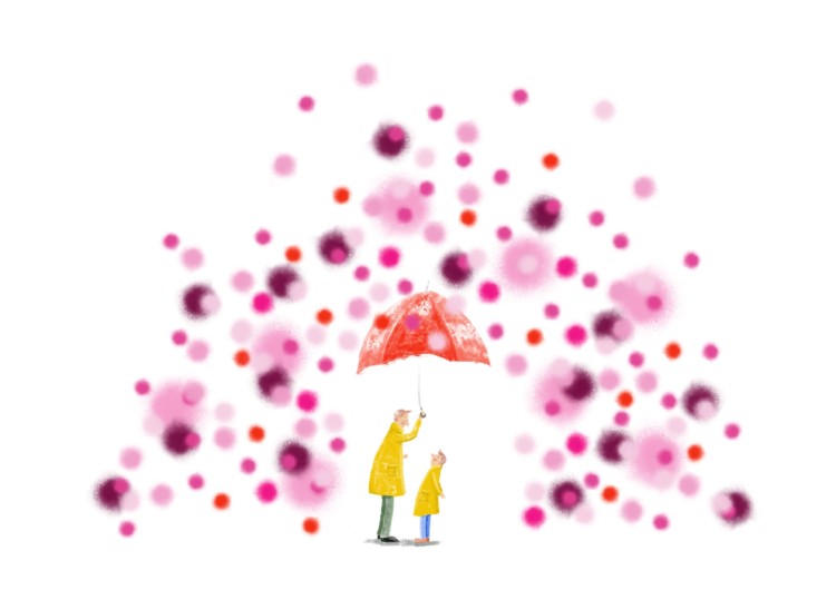 Piirretty kuva. Kaksi keltaista hahmoa, toinen aikuinen, toinen lapsi. Aikuinen pitää sateenvarjoa. Heidän ympärillään kaaren muodossa purppuran sävyisiä palloja.