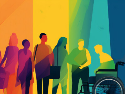 Värikäs banneri, jossa ihmishahmoja ja yksi henkilö pyörätuolissa.