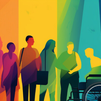 Värikäs banneri, jossa ihmishahmoja ja yksi henkilö pyörätuolissa.