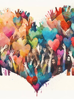 Piirretty kuva ihmisryhmästä, jolla on kädet ilmassa ja käsien lomassa värikkäitä sydämiä.