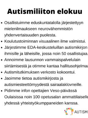 Nostoja Autismiliiton toiminnasta elokuussa 2023. Tekstisisältö avattu leipätekstissä.