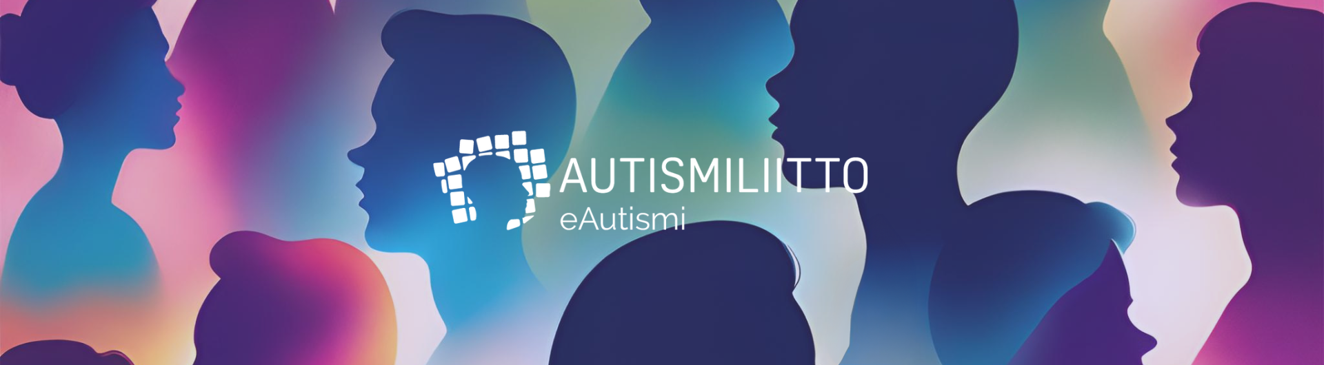 Monenvärisiä ihmiskasvojen siluetteja. Autismiliitto eAutismi -logo.