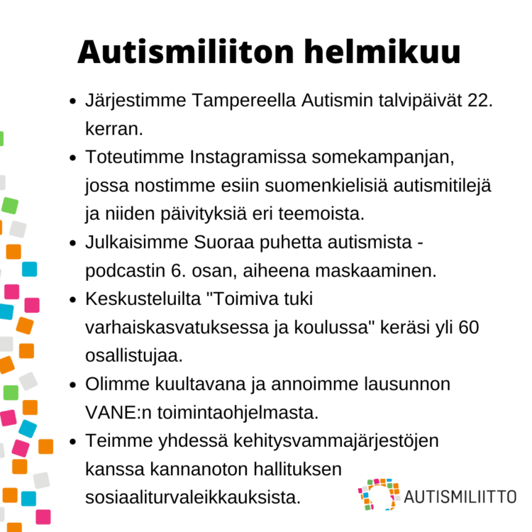Autismiliiton kuukauden nostot, helmikuu 2024. Kuvan sisältämät tekstit avataan artikkelissa.
