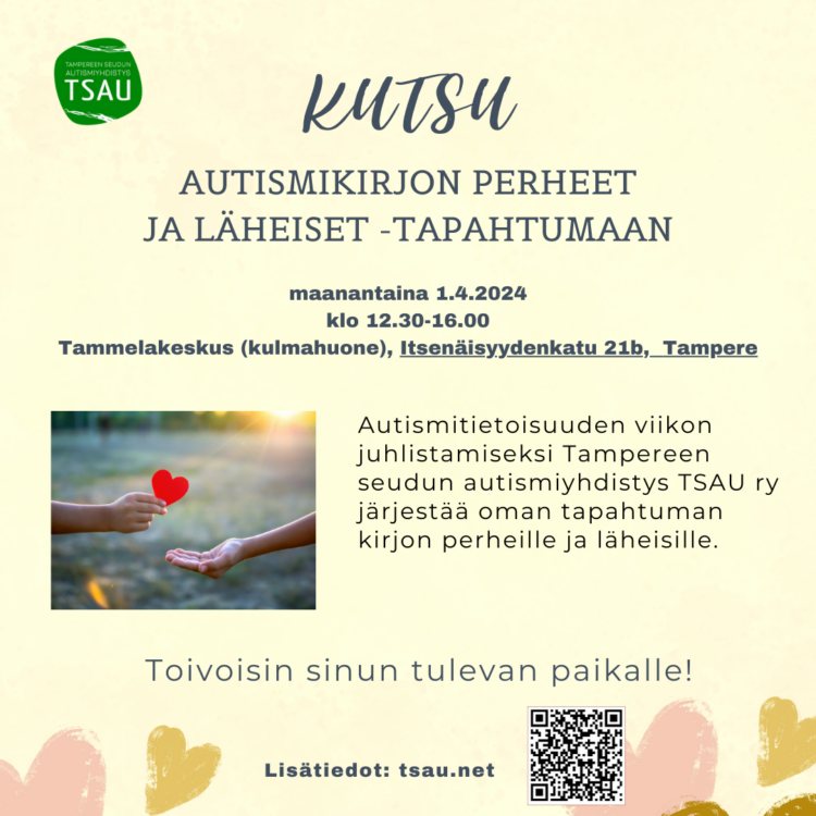 Tampereen seudun TSAUn tapahtumailmoitus 1.4. järjestettävästä autismitietoisuuden viikon tapahtumasta.