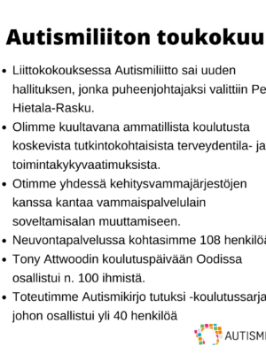 Nostoja Autismiliiton toiminnasta toukokuussa 2024. Kuvaan sisältyvä teksti kirjoitettu auki artikkelissa.