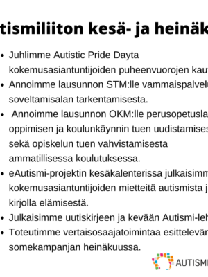 Autismiliiton nostot kesä- ja heinäkuulta. Kuvaan sisältyvät tekstit avattu artikkelissa.