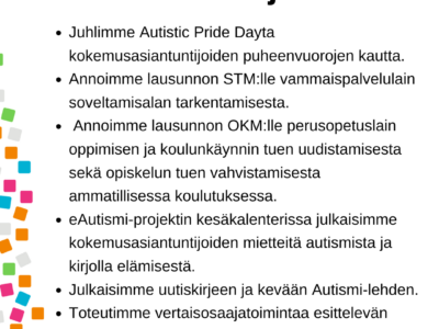 Autismiliiton nostot kesä- ja heinäkuulta. Kuvaan sisältyvät tekstit avattu artikkelissa.