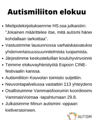 Nostoja Autismiliiton toiminnasta elokuulta 2024. Kuvaan sisältyvä teksti avatus artikkelissa.