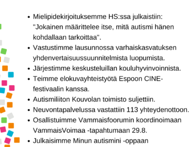 Nostoja Autismiliiton toiminnasta elokuulta 2024. Kuvaan sisältyvä teksti avatus artikkelissa.