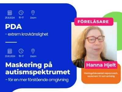 PDA:ta ja maskausta autismikirjolla käsittelevien ruotsinkielisten webinaarien yhteinen ilmoitus. Tapahtuman tiedot avattu tekstissä.