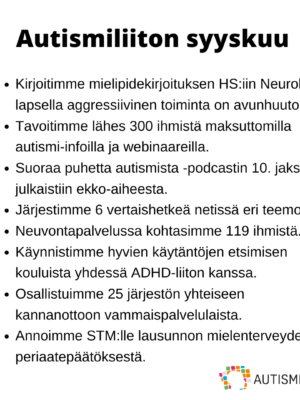 Autismiliiton toiminnan nostot syyskuulta. Tekstipohjainen sisältö avattu artikkelin tekstissä.