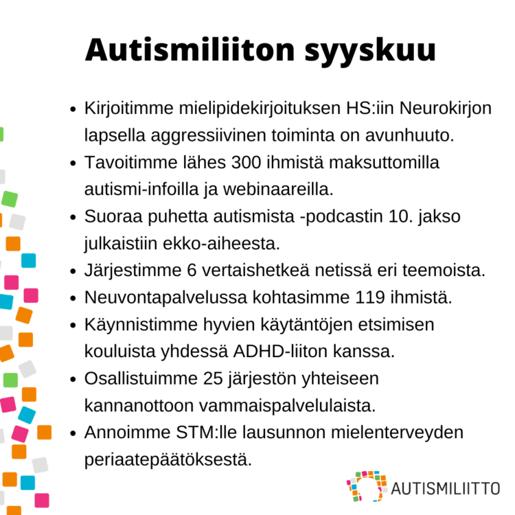 Autismiliiton toiminnan nostot syyskuulta. Tekstipohjainen sisältö avattu artikkelin tekstissä.