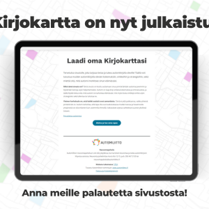 Tablettitietokone, jossa on avattuna Kirjokartan etusivu. Kirjokartta on nyt julkaistu! Anna meille palautetta!