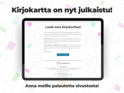 Tablettitietokone, jossa on avattuna Kirjokartan etusivu. Kirjokartta on nyt julkaistu! Anna meille palautetta!