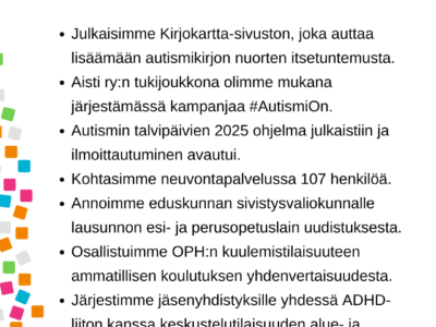 Autismiliiton nostot lokakuun toiminnasta. Kuvassa oleva teksti avattu artikkelissa.