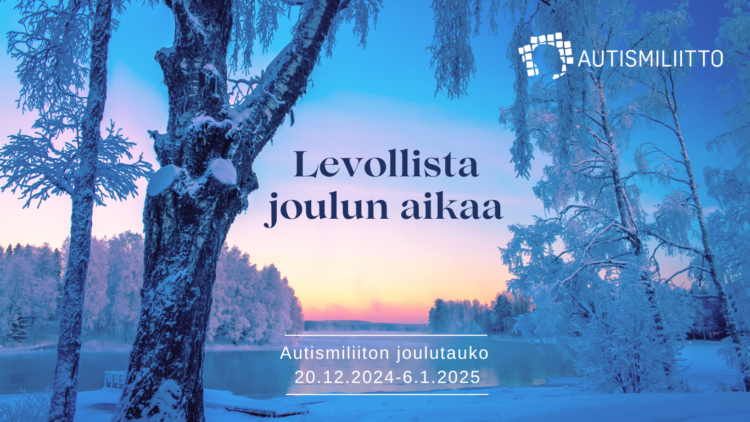 Luminen ja huurteinen järvi- ja metsämaisema, hyvän joulun toivotus, Autismiliiton logo ja liiton joulutauon tiedot.