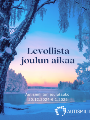 Luminen ja huurteinen järvi- ja metsämaisema, hyvän joulun toivotus, Autismiliiton logo ja liiton joulutauon tiedot.