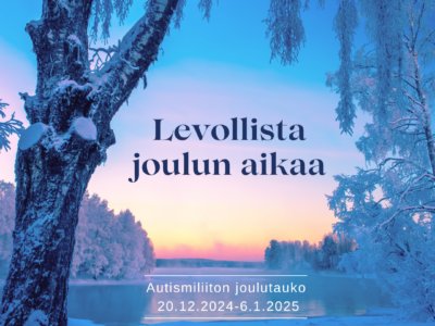 Luminen ja huurteinen järvi- ja metsämaisema, hyvän joulun toivotus, Autismiliiton logo ja liiton joulutauon tiedot.