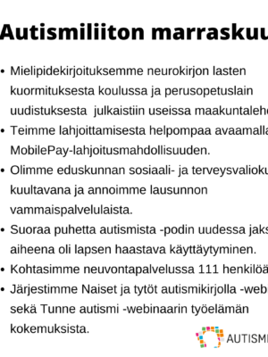 Nostoja Autismiliiton toiminnasta marraskuussa 2024. Kuvassa olevat tekstit avattu artikkelissa.