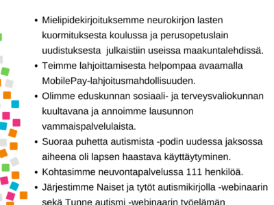 Nostoja Autismiliiton toiminnasta marraskuussa 2024. Kuvassa olevat tekstit avattu artikkelissa.