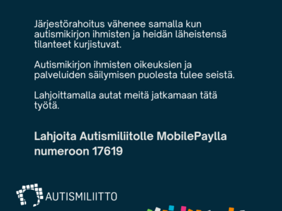 Kuvassa teksti: Järjestörahoitus vähenee samalla kun autismikirjon ihmisten ja heidän tilanteensa kurjistuvat. Autismikirjon ihmisten oikeuksien ja palveluiden säilymisen puolesta tulee seistä. Lahjoittamalla autat meitä jatkamaan tätä työtä. Lisäksi liiton logo ja teidot MobilePay-lahjoitusnumerosta 17619.