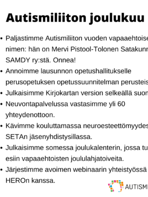 Autismiliiton kuukauden nostot joulukuulta 2024. Kuvan tekstisisältö avattu artikkelissa.