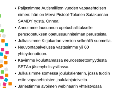 Autismiliiton kuukauden nostot joulukuulta 2024. Kuvan tekstisisältö avattu artikkelissa.