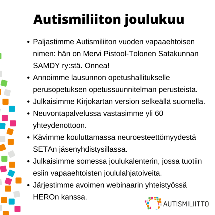 Autismiliiton kuukauden nostot joulukuulta 2024. Kuvan tekstisisältö avattu artikkelissa.