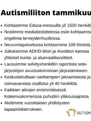 Tammikuun 2025 nostot Autismiliiton toiminnasta. Tekstisisältö avattu artikkelin leipätekstissä.