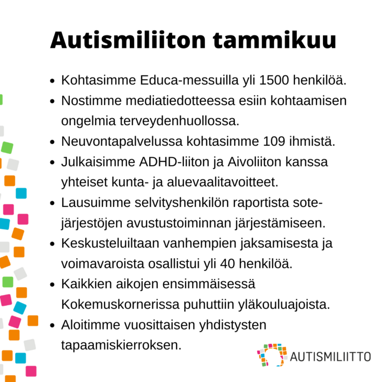 Tammikuun 2025 nostot Autismiliiton toiminnasta. Tekstisisältö avattu artikkelin leipätekstissä.